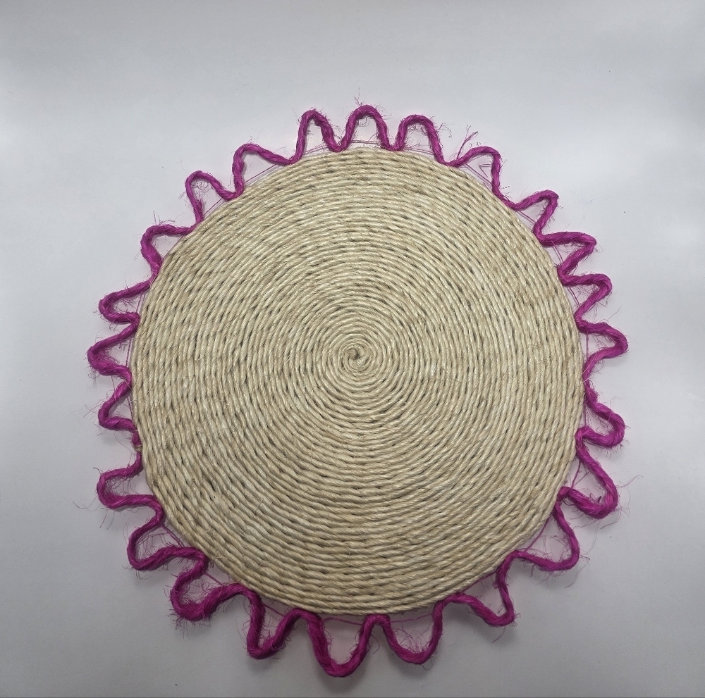 Handmade Rope Table Mat / Wall Decor – Pink Trim Round Woven Boho Placemat